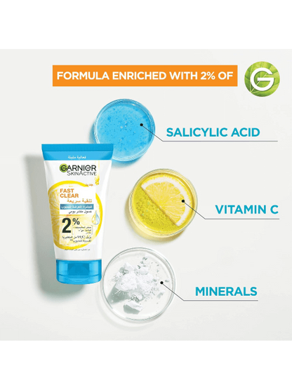 Garnier Fast Clear [2%] Salicylic Acid & Vitamin C - 3-in-1 Anti-Acne Exfoliating Wash (150mL)