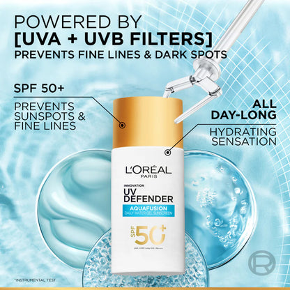 L’Oréal Paris, UV Defender, Aquafusion Daily Water Gel Sunscreen, SPF50+ PA++++, Defends from all UV aging signs, Absorbs in 3 Seconds, 50ml