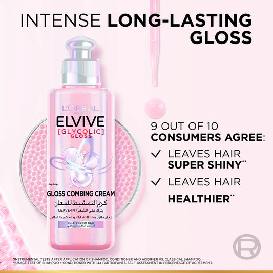 L'Oréal Paris, Elvive, Glycolic Gloss Leave-in, Hair Combing Cream, 2% [Gloss Complex] with glycolic acid, 200ml