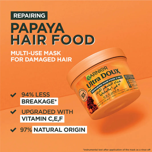 Garnier Ultra Doux Papaya Vegan Hair Food 3in1 Mask for damaged hair, Boosted with Vitamins C, E & F 390ml