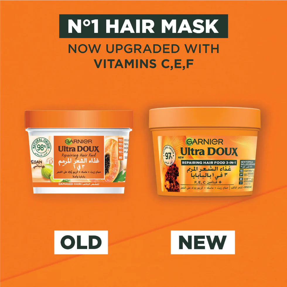 Garnier Ultra Doux Papaya Vegan Hair Food 3in1 Mask for damaged hair, Boosted with Vitamins C, E & F 390ml - Belle à Merveille