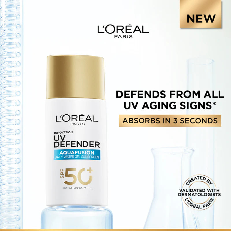 L’Oréal Paris, UV Defender, Aquafusion Daily Water Gel Sunscreen, SPF50+ PA++++, Defends from all UV aging signs, Absorbs in 3 Seconds, 50ml